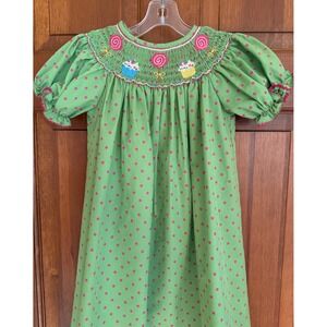 ANAVINI Hand Smocked Dress Girls Size 4T Green‎ Cotton Cupcake Southern Classic